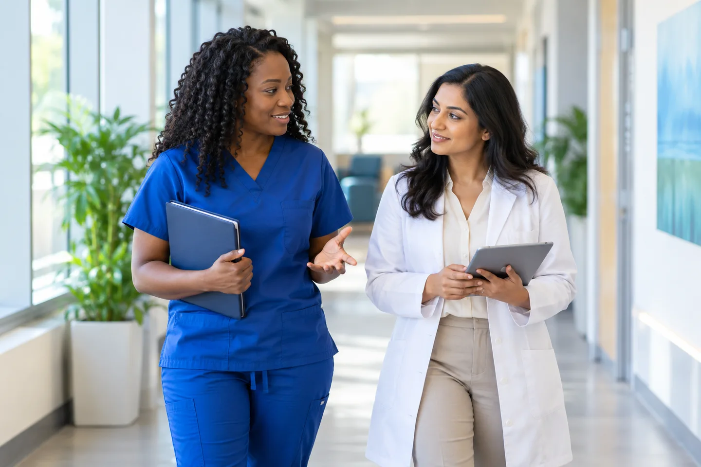 female physicians discussing a workflow in a clinic