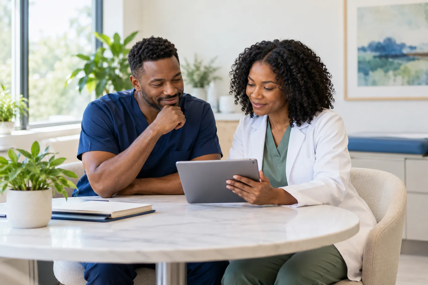 Black male and female physicians collaborating at a clinic table