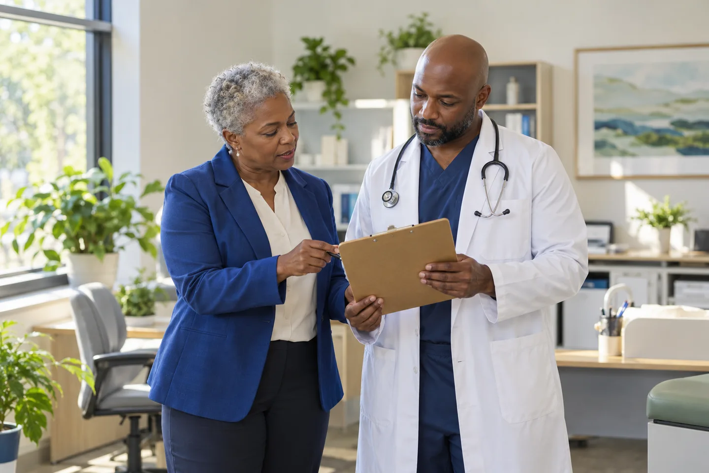 Practice administrator and physician discussing a document review