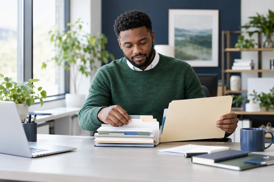 A Black male claims coordinator in a green sweater organizing generic document tabs and a blank folder at a wide desk
