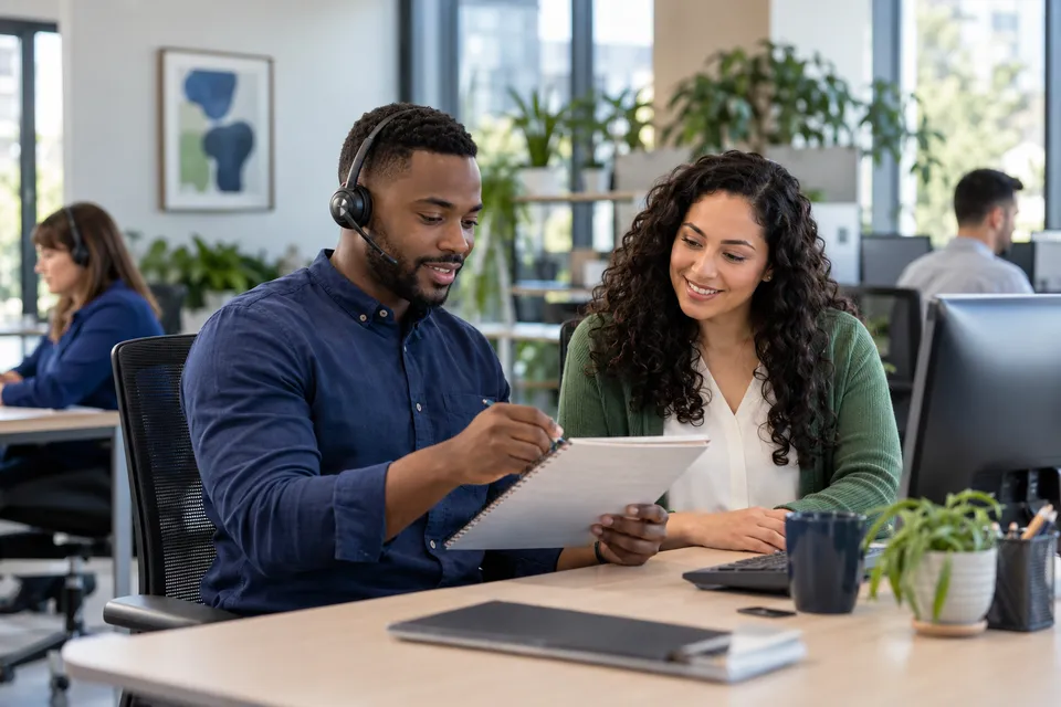 A Black male billing team member wearing a headset reviewing a notebook beside his female colleague, full environmental view