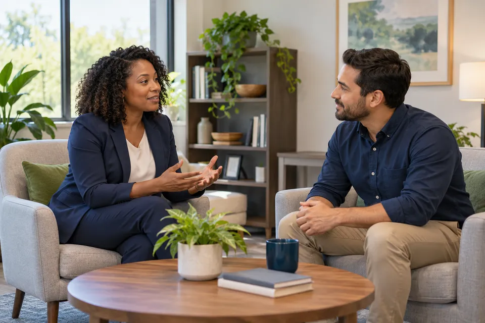 A Black female behavioral health clinician with shoulder-length curls and a male coordinator conversing in a welcoming office