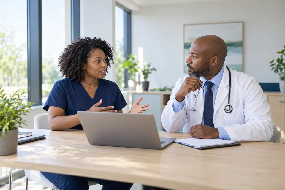A Black female nurse care coordinator and a Black male physician discussing program organization at a bright clinic table