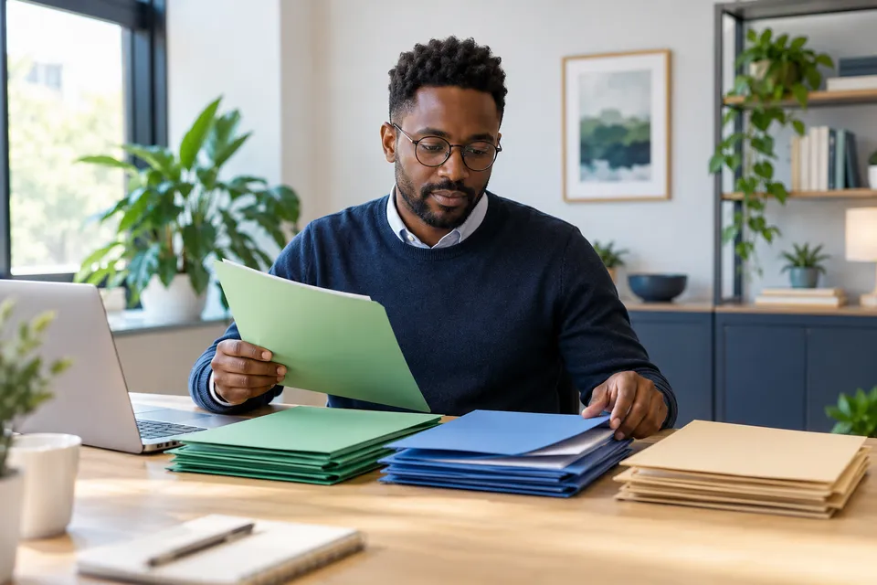 A Black male care program administrator with round glasses working at a calm desk with color-coded blank folders
