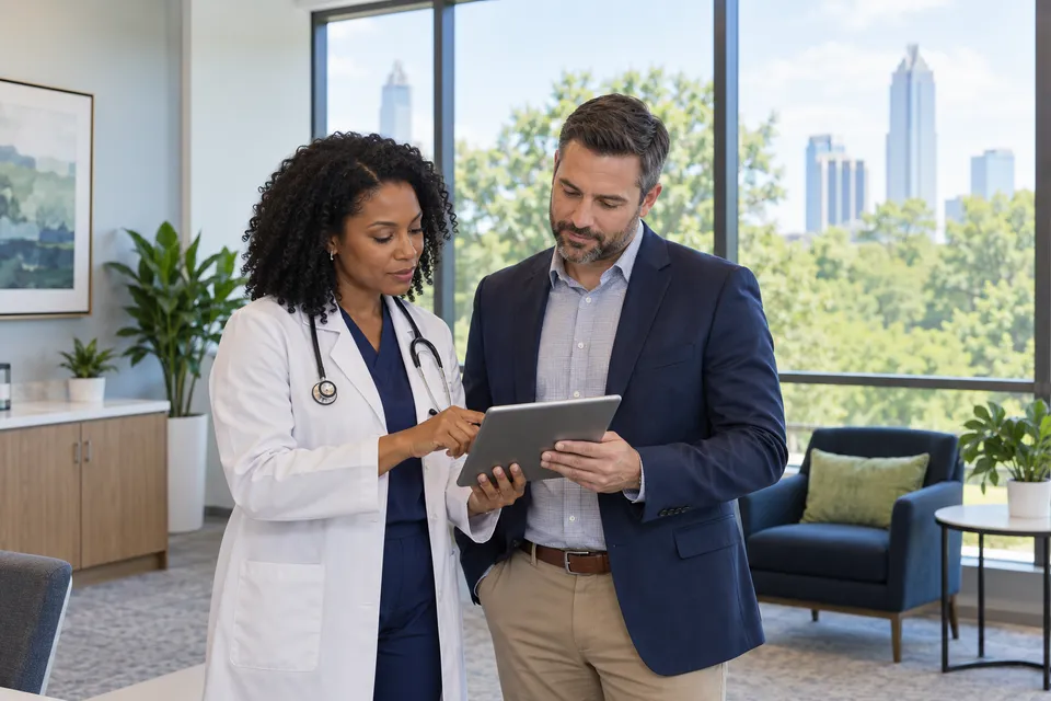A Black female physician and male administrator reviewing a tablet in a contemporary Charlotte style practice with trees outside