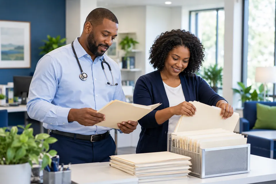 A Black male physician in a pale blue shirt and a Black woman enrollment specialist organizing blank folders in an airy office
