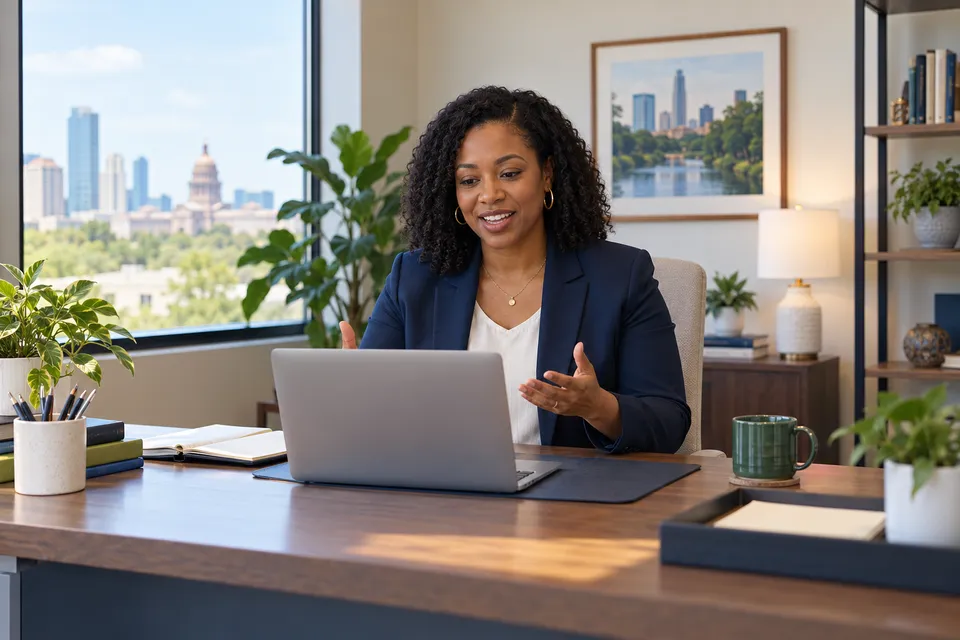 A Black woman Texas practice director on a laptop video meeting at a wide orderly desk, full head and shoulders visible