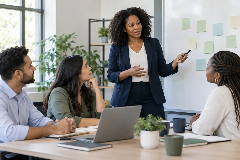 A Black female operations lead facilitating a small billing team discussion with blank sticky notes on a board