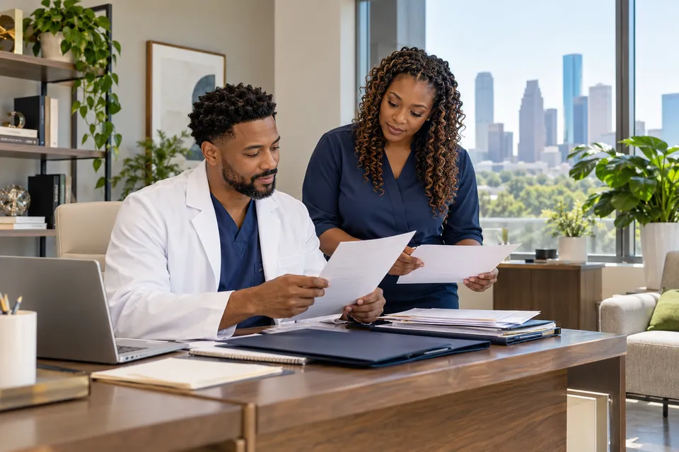 A Black male Houston clinic owner and Black female enrollment specialist organizing onboarding documents in a sunlit medical office