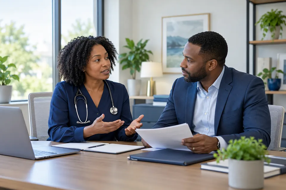 A Black woman internist in a navy blouse discussing administrative work with a Black male practice manager by a desk