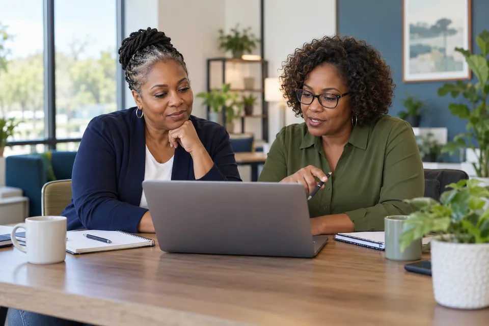 Two Black women clinic managers in their fifties examining a laptop during a relaxed monthly office meeting