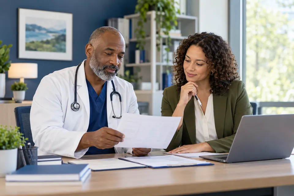 A Black male internist with salt and pepper beard and a female analyst in olive blazer reviewing an anonymous workflow sheet