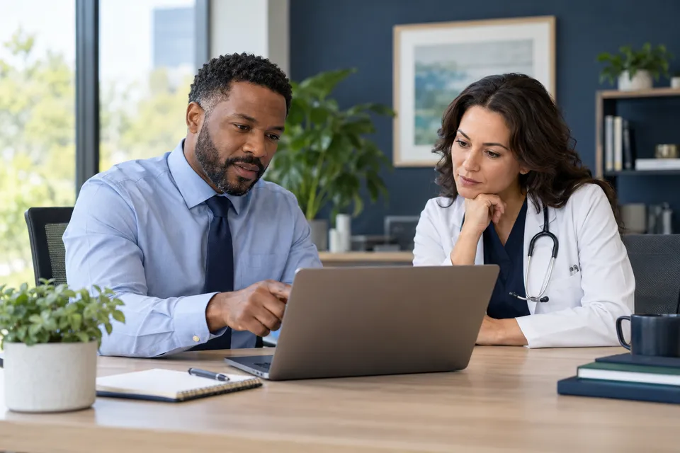 A Black male internal medicine administrator in a blue shirt reviewing a laptop spreadsheet with a female physician at a desk