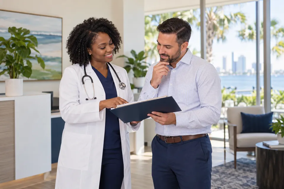 A Black female physician and male practice coordinator in an airy Jacksonville style clinic with palms visible through a window