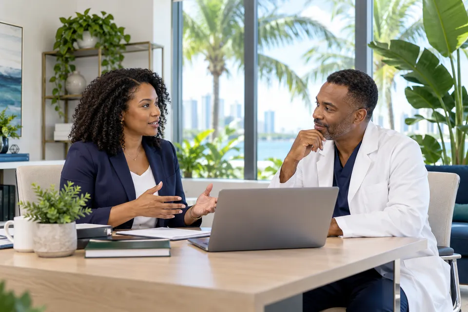 A Black female Miami practice administrator and male physician meeting in a bright office with tropical greenery outside