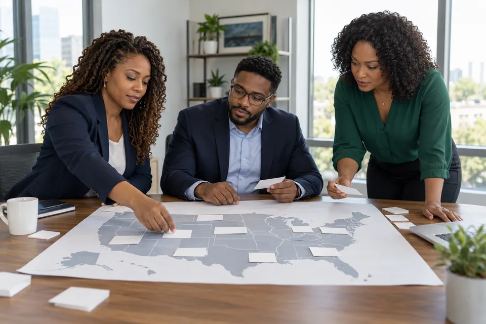Three Black practice operations professionals mapping a generic multi-state expansion on blank cards around a table