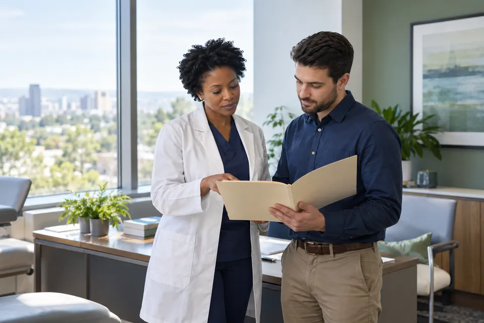 A Black female neurologist with short natural hair and a male coordinator reviewing an unmarked folder beside a clinic window