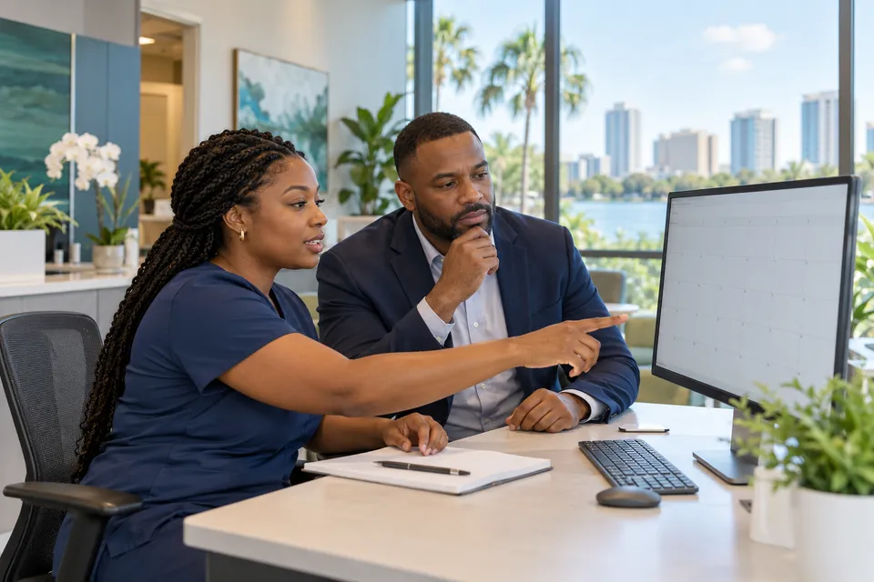A Black woman scheduling lead and a Black male practice manager discussing a blank calendar in an Orlando style clinic office