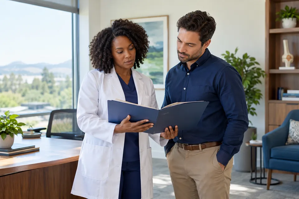 A Black female orthopedic physician and male coordinator examining a closed request folder in a spacious outpatient office