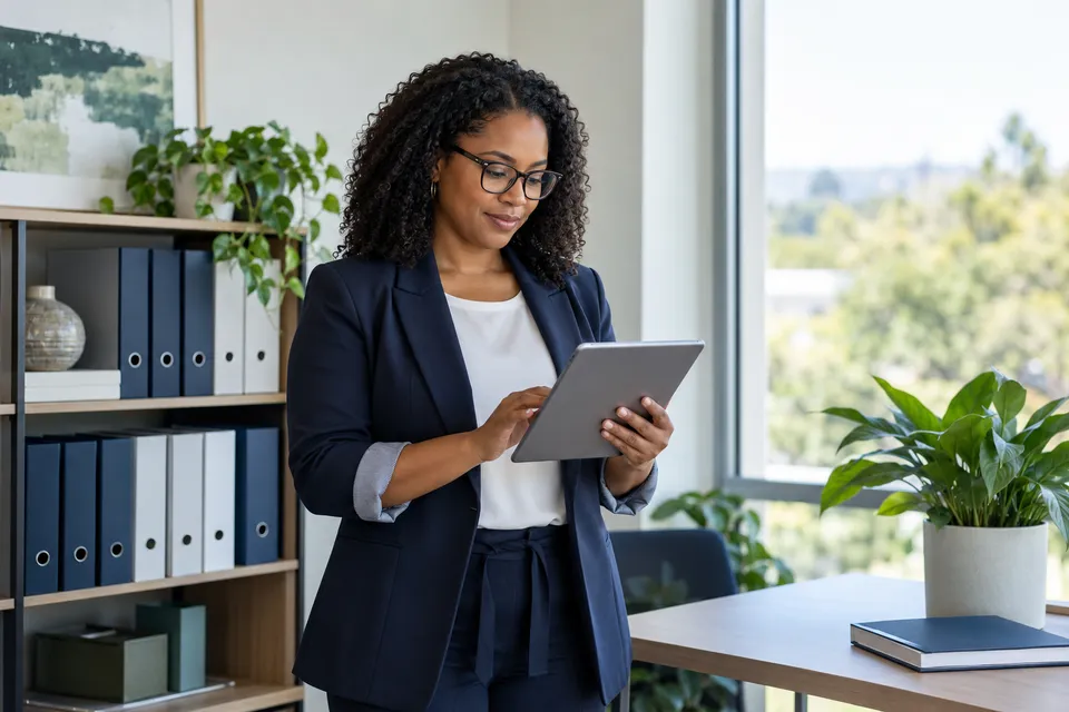 A Black female practice manager with glasses reading a tablet beside organized unlabeled binders and a plant