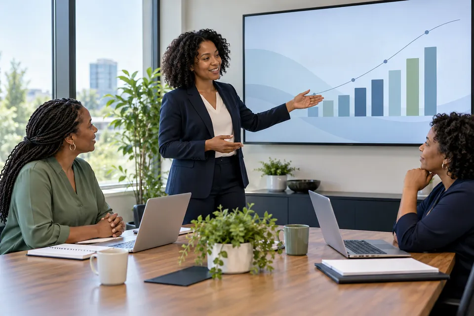 A Black woman healthcare analyst presenting a blank abstract chart to two Black practice managers in a bright boardroom
