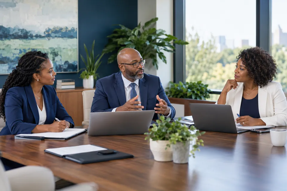 Three Black healthcare administrators holding a focused meeting around a large table, wide environmental portrait