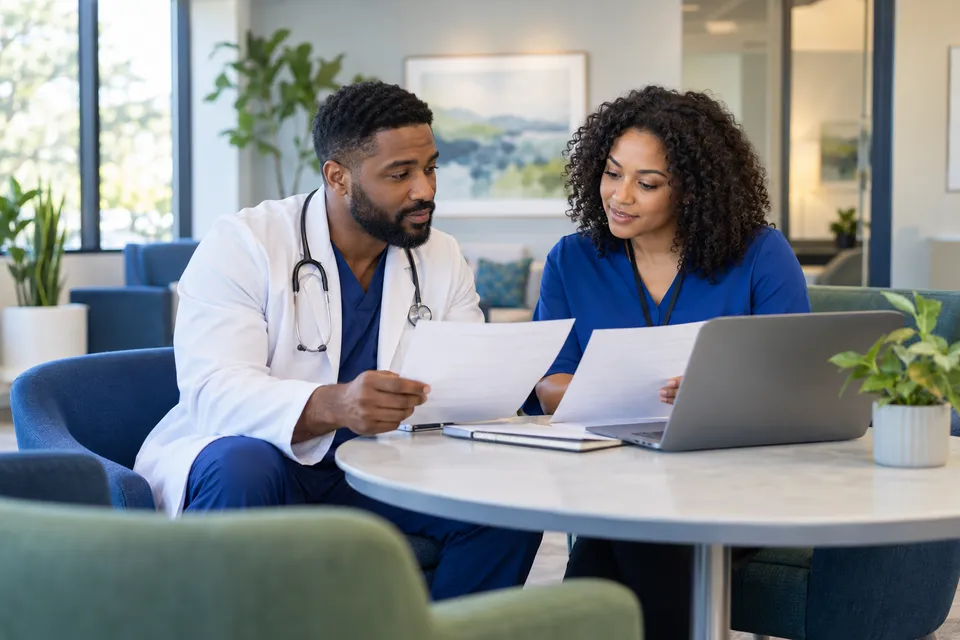 A Black male physician and female billing coordinator comparing anonymous lists in a modern clinic meeting nook