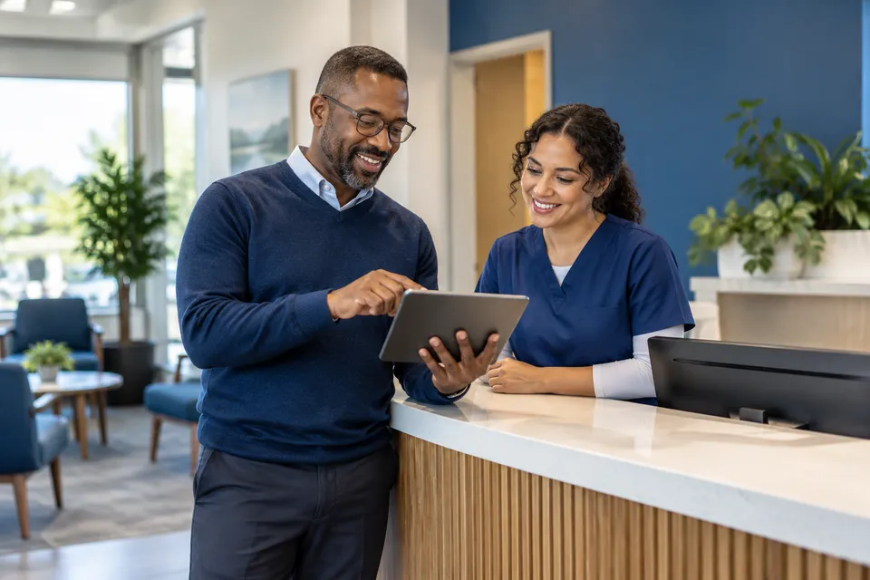 A Black male clinic coordinator with glasses using an office tablet beside a female colleague at reception