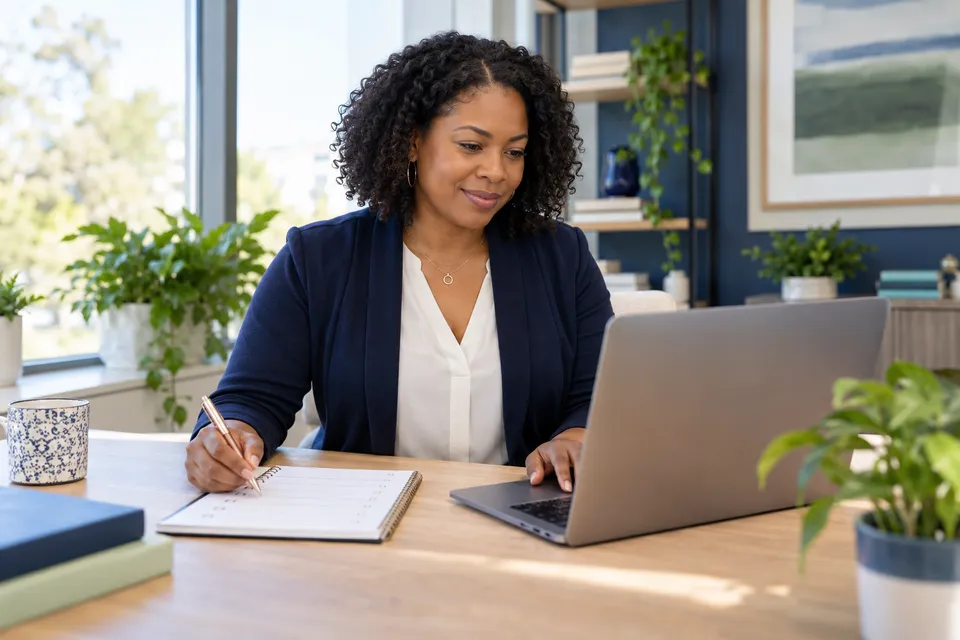 A Black female family medicine practice coordinator using a laptop and a blank checklist in a sunlit office, solo centered portrait