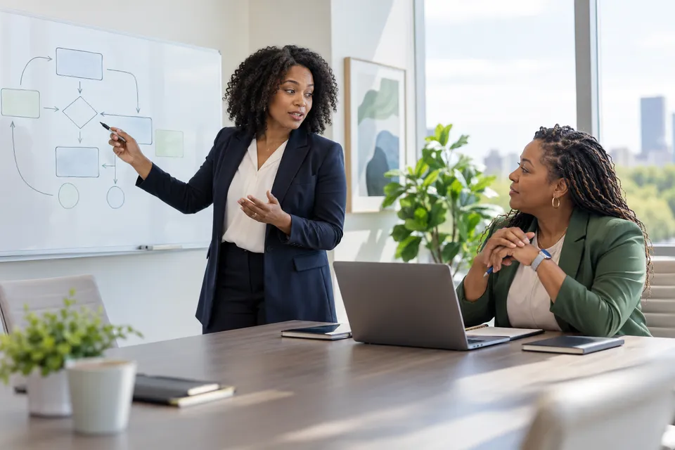 Two Black healthcare operations directors discussing a workflow in a light-filled conference room with an abstract unmarked diagram