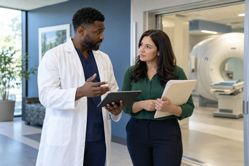 A Black male radiology physician and female billing analyst discussing administrative information outside an imaging room