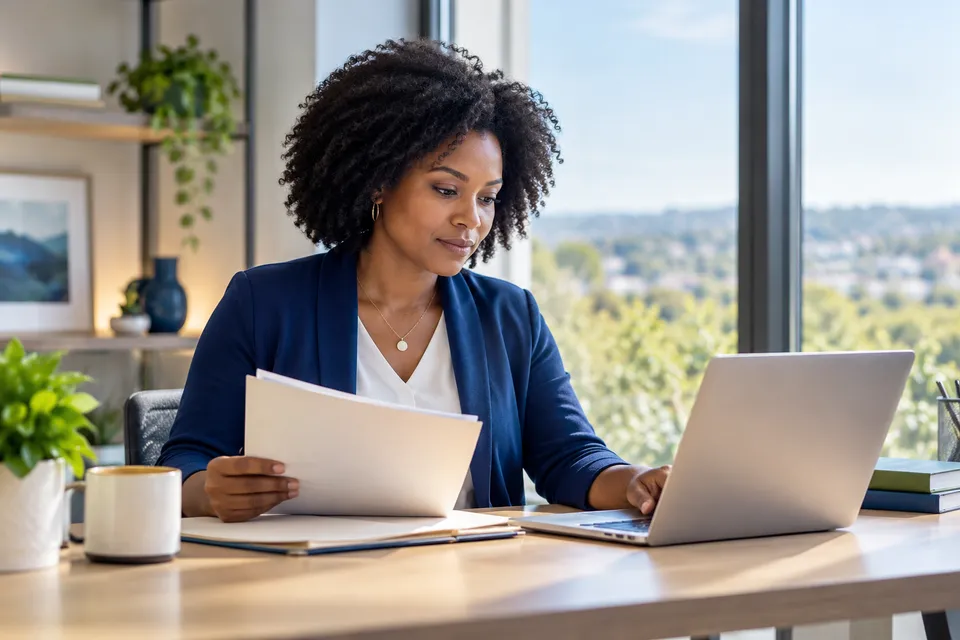 A Black female practice finance coordinator with natural hair studying a laptop and an unlabeled paper chart at a window desk