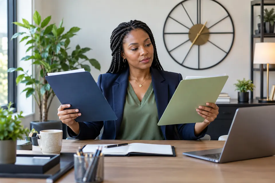 A Black woman billing specialist with braided hair comparing two anonymous folders at a desk with an abstract wall clock