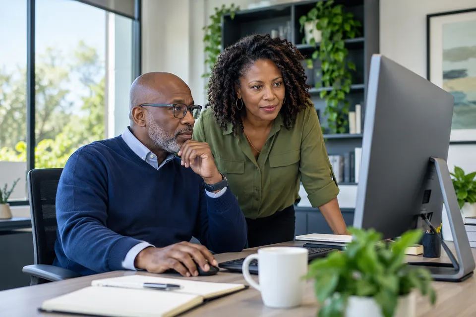 A mature Black male payment posting specialist and female colleague looking at an unreadable office monitor from a side angle