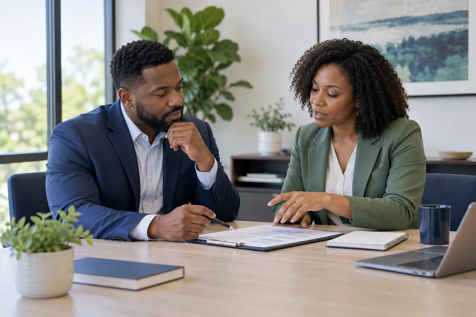 A Black male practice owner and Black female operations consultant discussing a generic access checklist at an office table