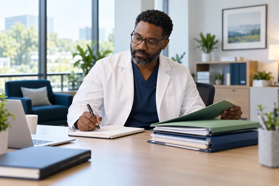 A Black male physician with glasses working with a notebook and closed folders in an airy healthcare business office