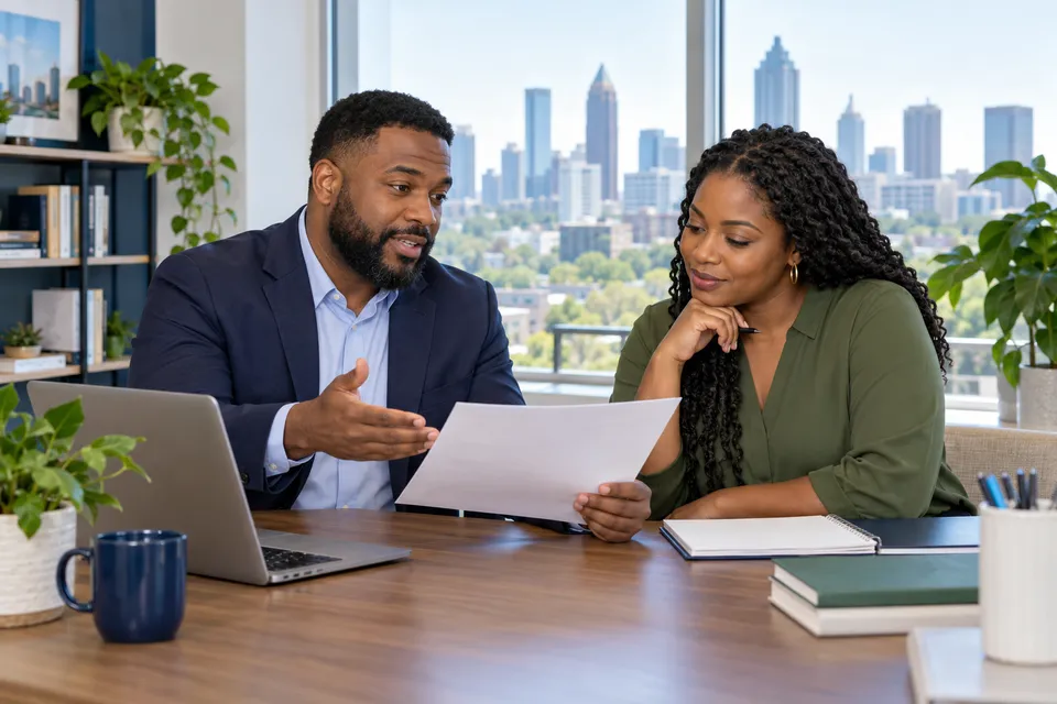 A Black man practice coordinator with a neatly trimmed beard discussing an anonymous document with a Black colleague in a bright office