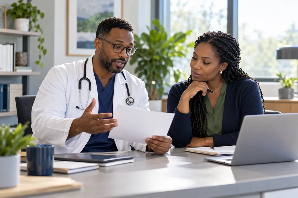 A Black male physician with glasses discussing an anonymous document with a Black colleague in a bright office