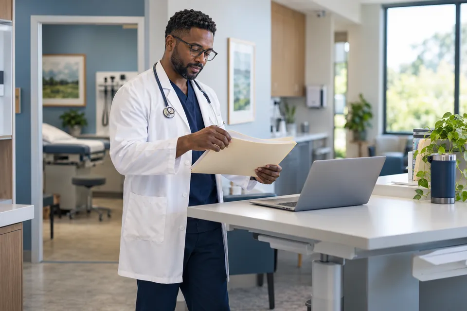 A Black male physician with glasses organizing an unmarked folder and a laptop at a standing clinic workstation