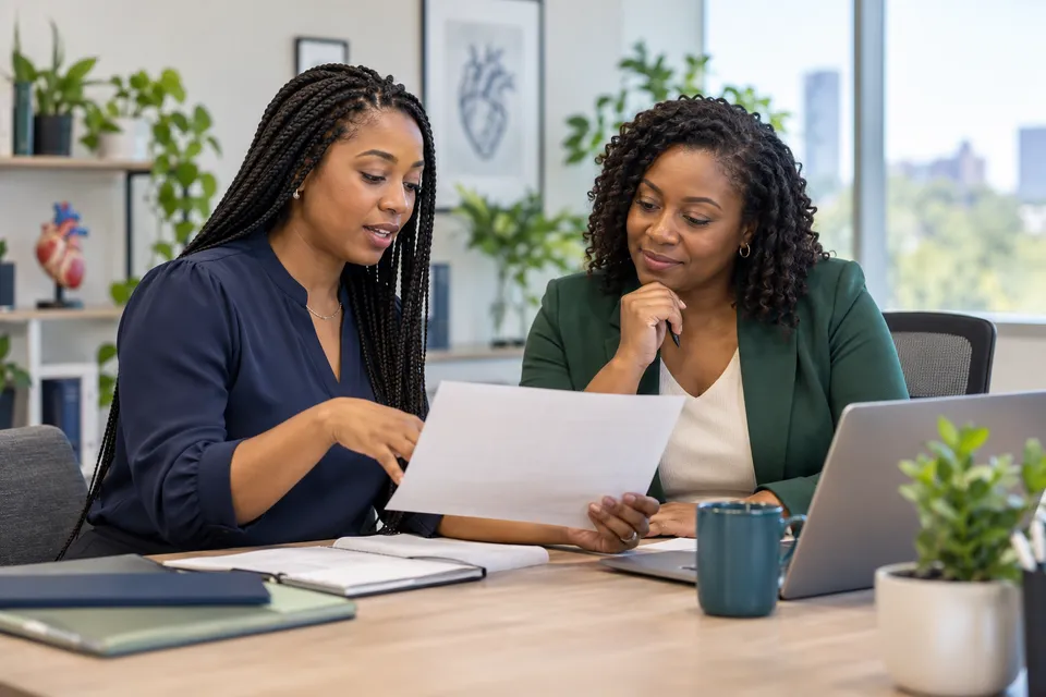 A Black female billing professional with long braids discussing an anonymous document with a Black colleague in a bright office