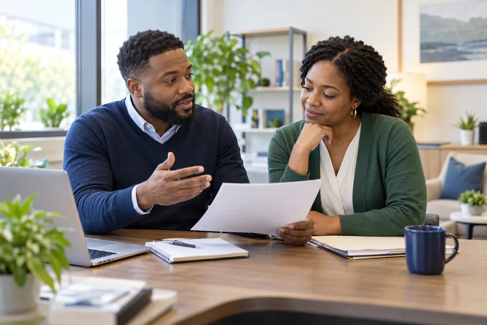 A Black man practice coordinator with a neatly trimmed beard discussing an anonymous document with a Black colleague in a bright office