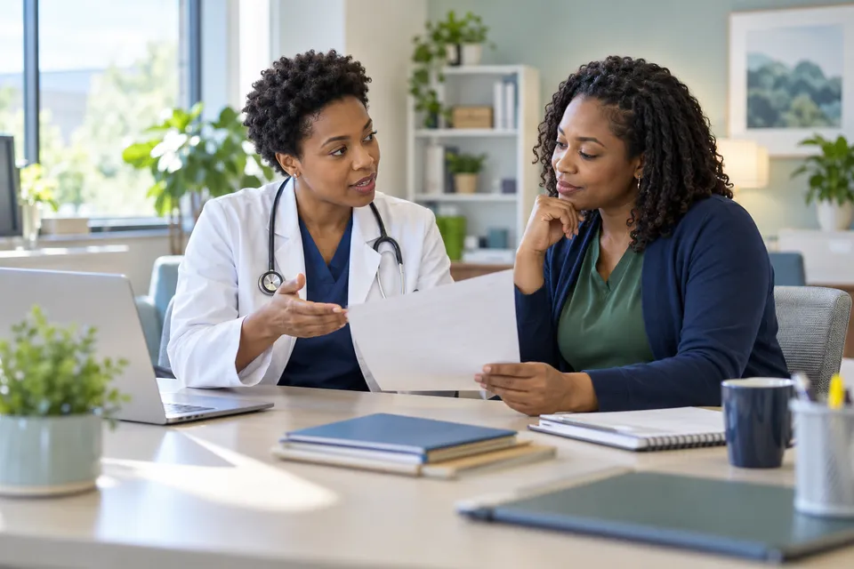 A Black woman physician with short natural hair discussing an anonymous document with a Black colleague in a bright office