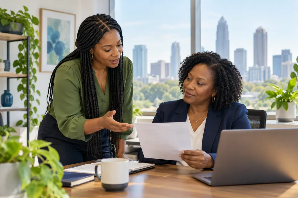 A Black female billing professional with long braids discussing an anonymous document with a Black colleague in a bright office