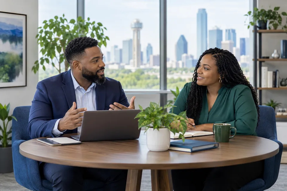 A Black man practice coordinator with a neatly trimmed beard planning administrative tasks with a Black colleague at a round meeting table