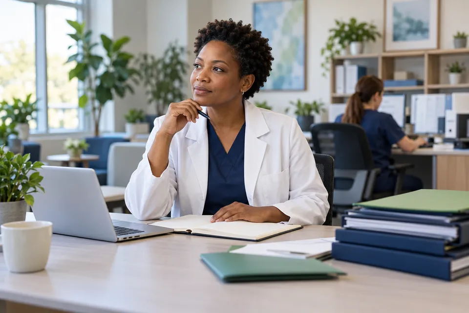 A Black woman physician with short natural hair working with a notebook and closed folders in an airy healthcare business office
