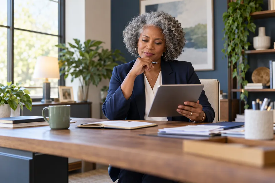 A mature Black woman practice administrator with silver natural hair reviewing a tablet while seated at a spacious wooden desk