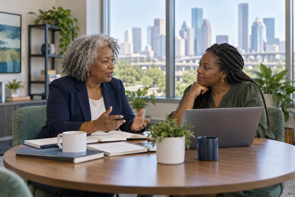 A mature Black woman practice administrator with silver natural hair planning administrative tasks with a Black colleague at a round meeting table