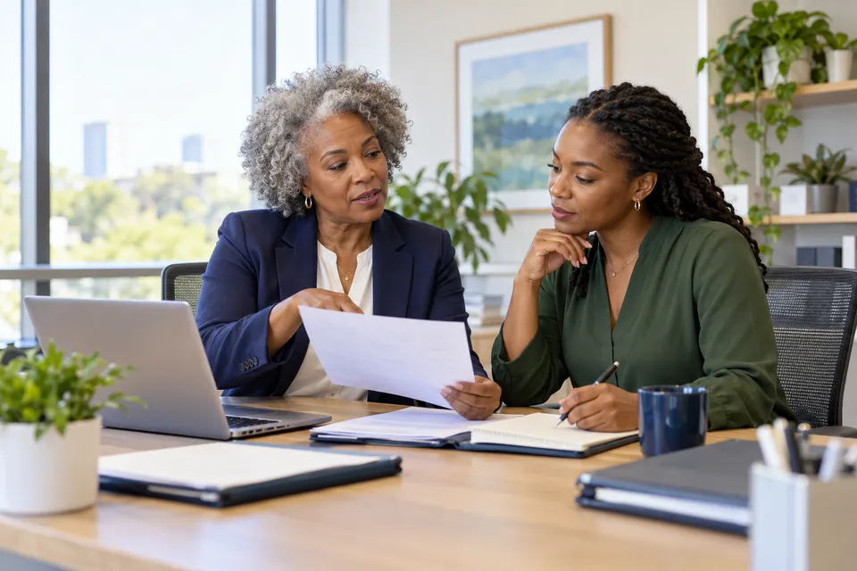 A mature Black woman practice administrator with silver natural hair discussing an anonymous document with a Black colleague in a bright office