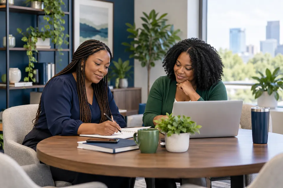 A Black female billing professional with long braids planning administrative tasks with a Black colleague at a round meeting table