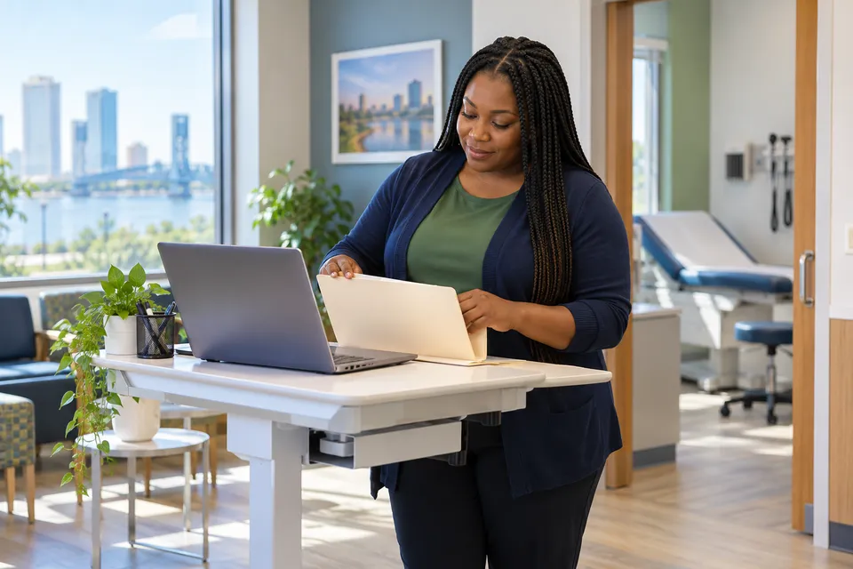 A Black female billing professional with long braids organizing an unmarked folder and a laptop at a standing clinic workstation